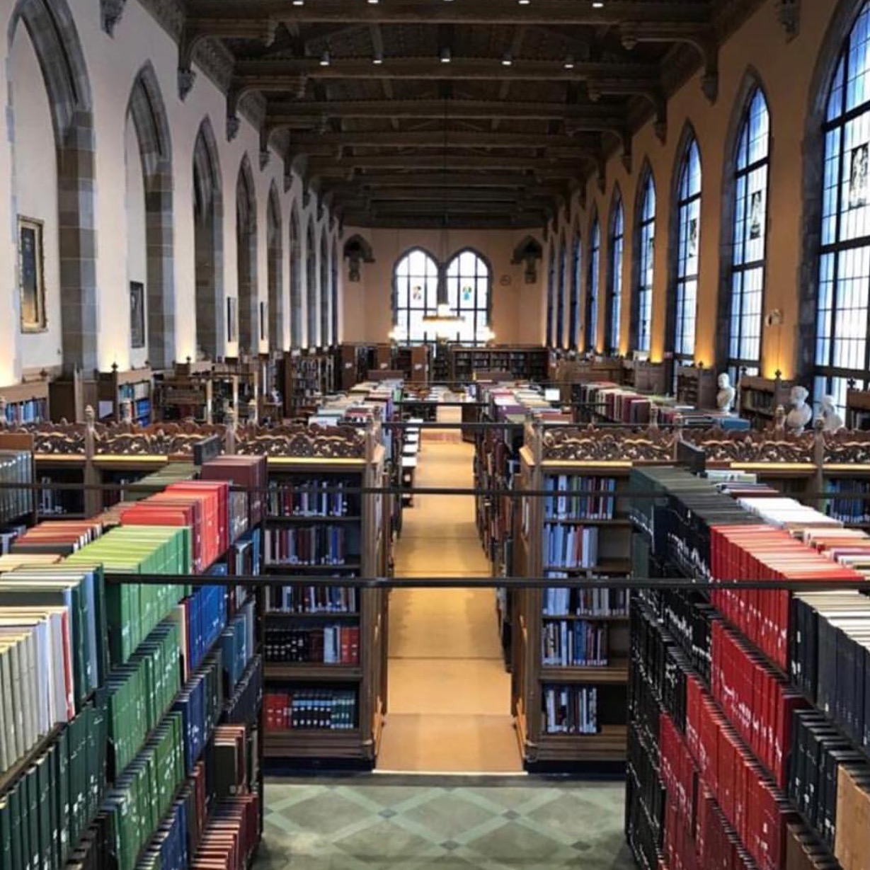 Aisles of books in Deering Library